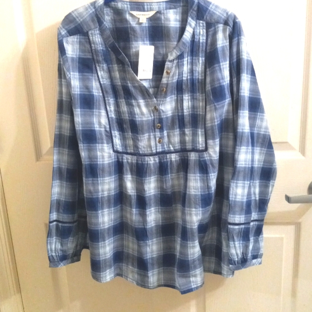 Lucky Brand Large 5 Button Down Plaid Blouse Shirt Top Tunic Blue White …